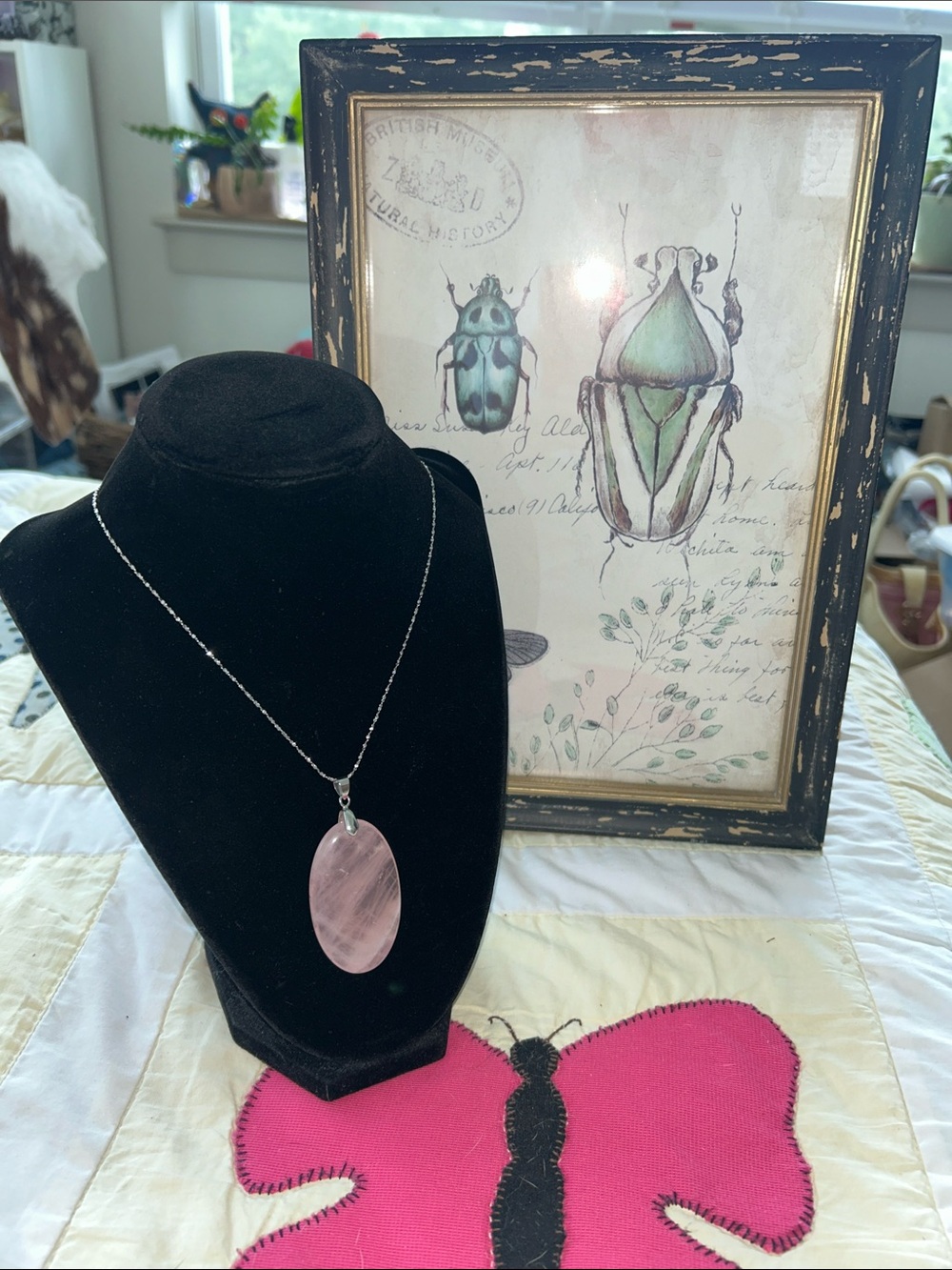 Rose Quartz Oval Pendant On Stainless Steel Chain 19” Pendant 2”x 1.25” NWT